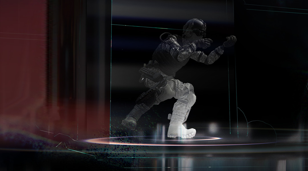 A futuristic soldier running through a digital environment. The soldier is rendered in a transparent style.