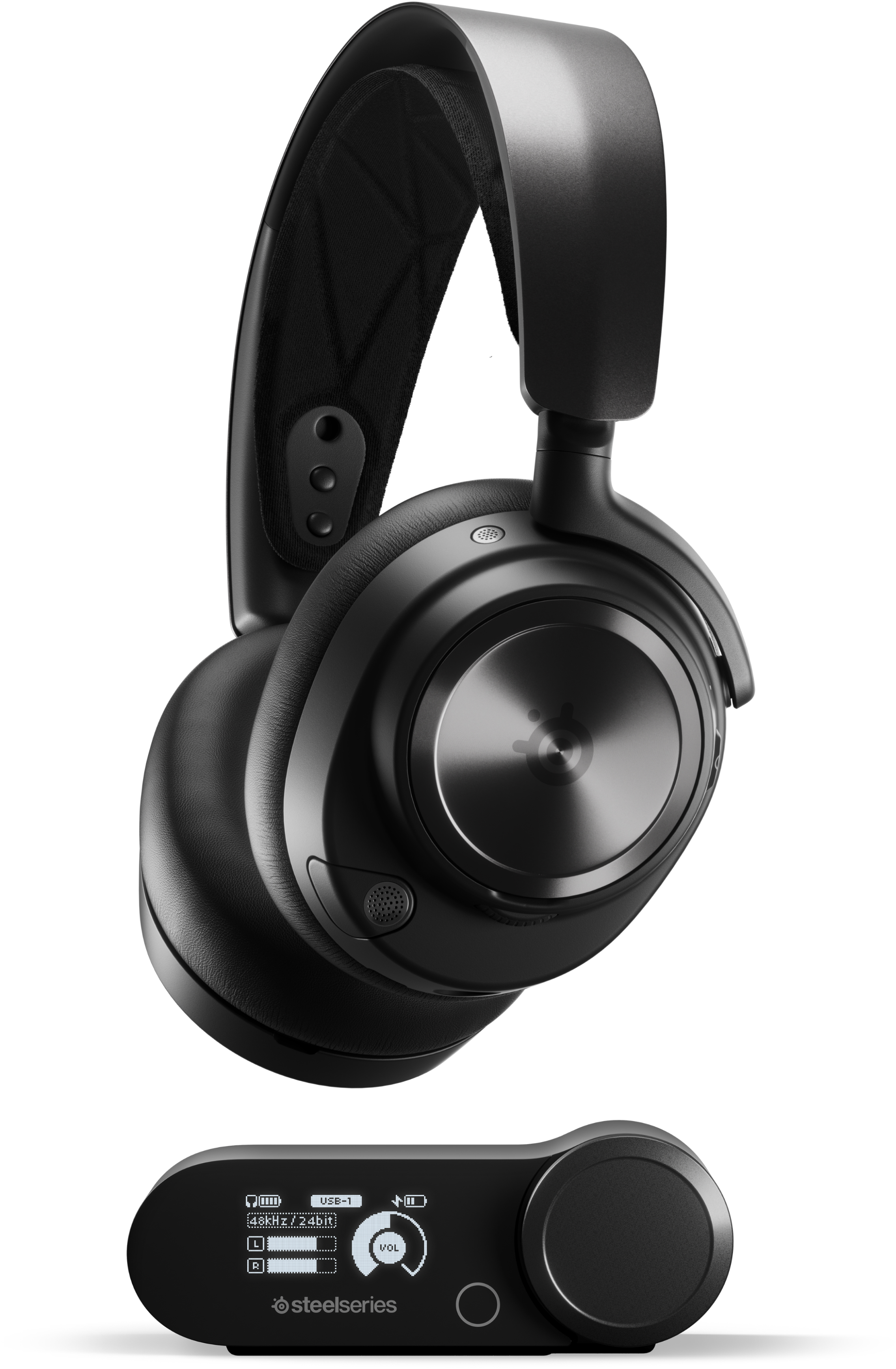 Black headphones with a control unit. The unit has a dial and screen.