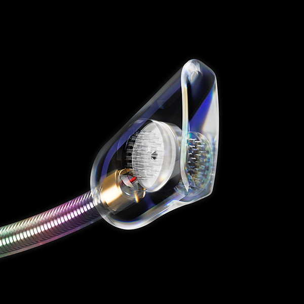 Close-up of a clear device with internal components on black background.