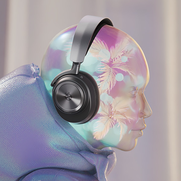 Headphones on a mannequin head. The head reflects a palm tree scene.