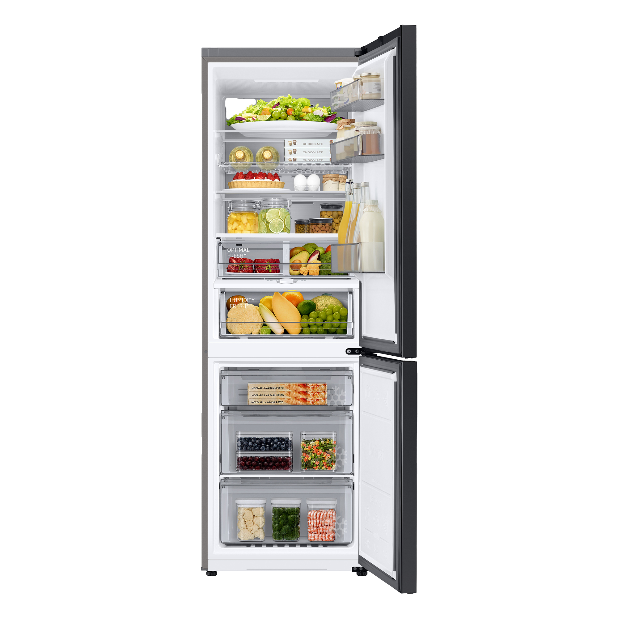 Refrigerador abierto con comida dentro. Frutas y verduras en los cajones. Estantes con varios artículos.