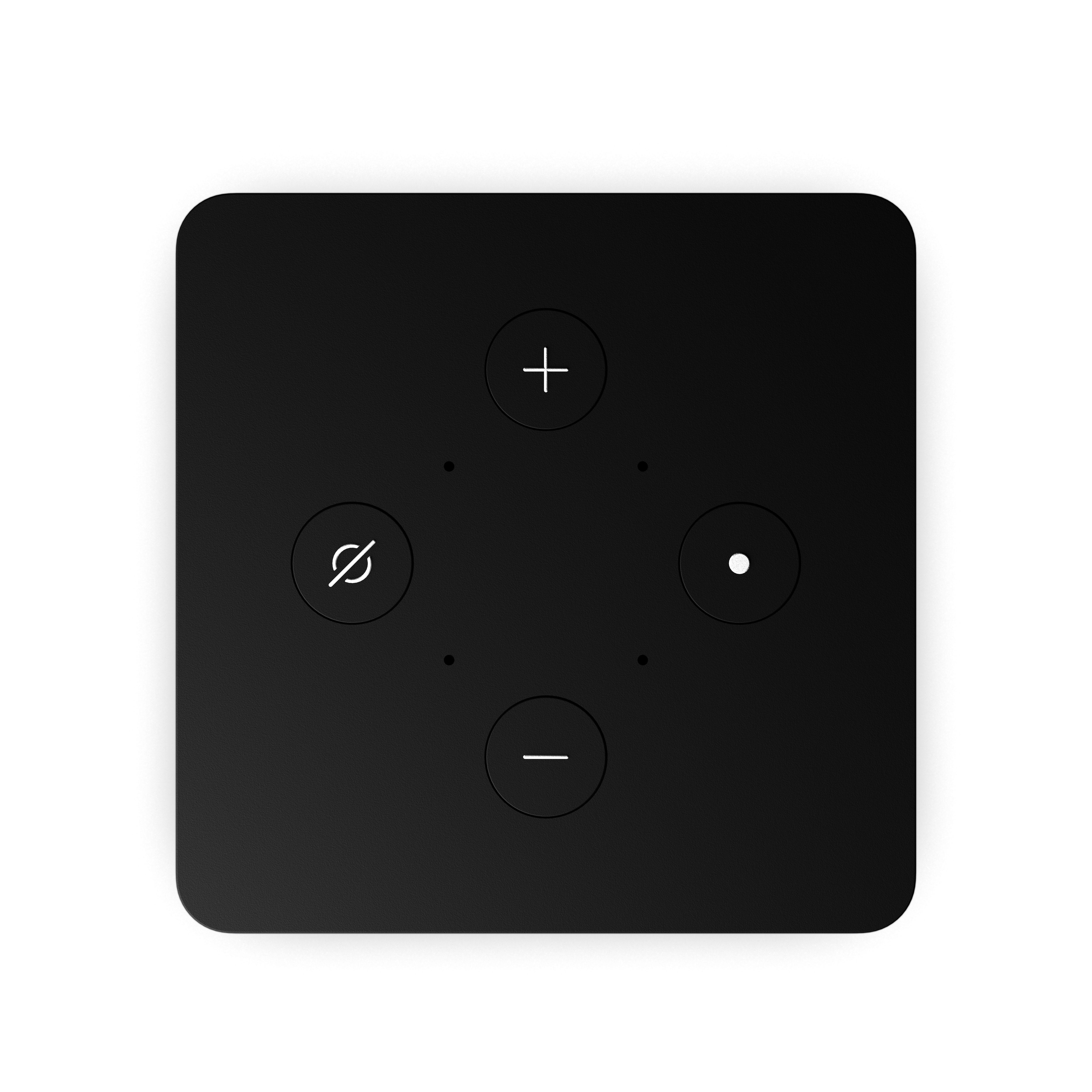 Ein schwarzes quadratisches Gerät mit Plus-, Minus- und Stummschaltungs-Symbolen.