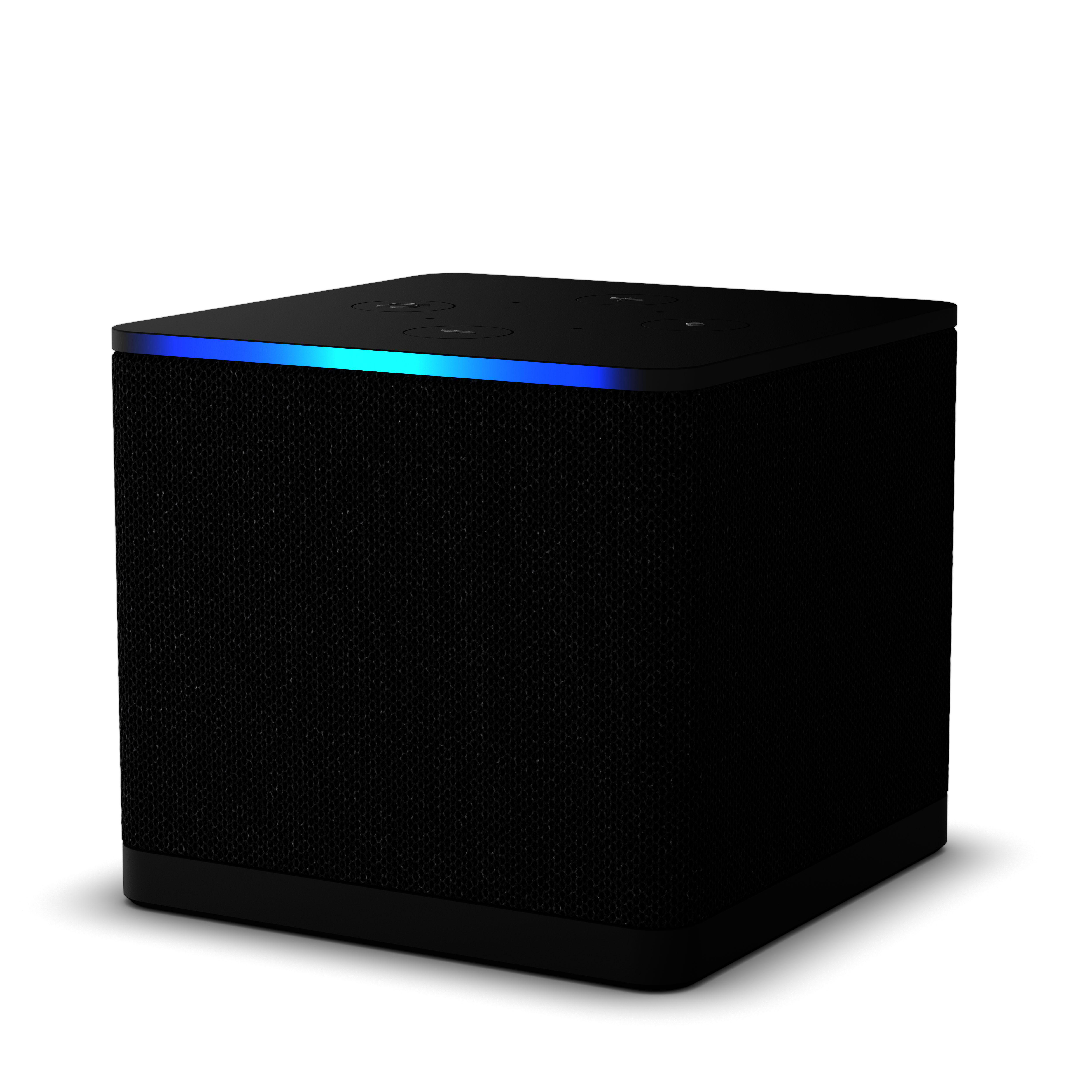 Schwarzer, rechteckiger Smart-Lautsprecher mit blau leuchtender Kante.