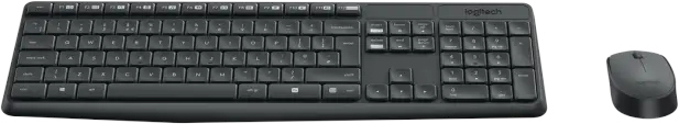 A black keyboard with a number pad and a black mouse on a white surface.