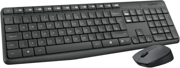 Black keyboard with a number pad, and a black mouse. The Logitech logo is on top.