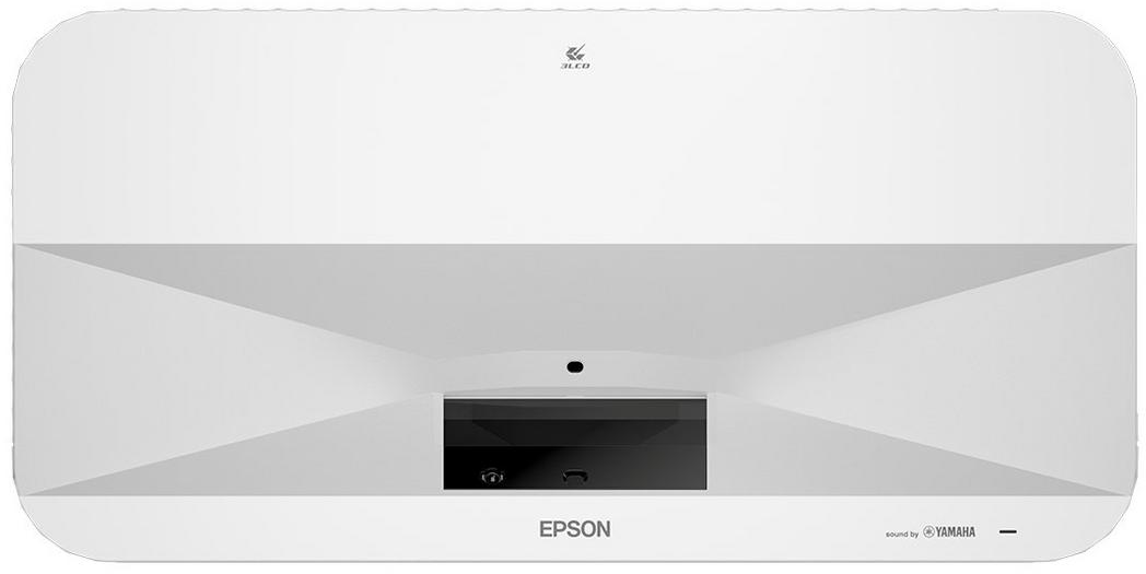 Weißer Projektor, die Vorderseite mit einem schwarzen Panel und dem Epson-Logo.