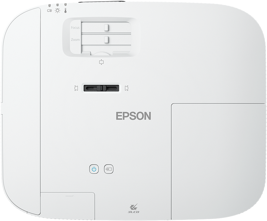 Weißer Epson-Projektor mit Bedienelementen für Fokus, Zoom und Stromversorgung. Text EPSON ist sichtbar.