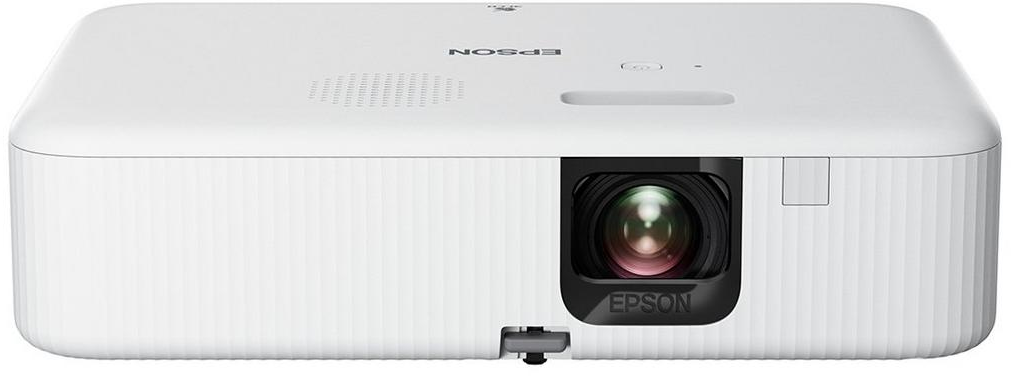 Proiettore Epson bianco con lente e altoparlante, isolato su sfondo bianco.