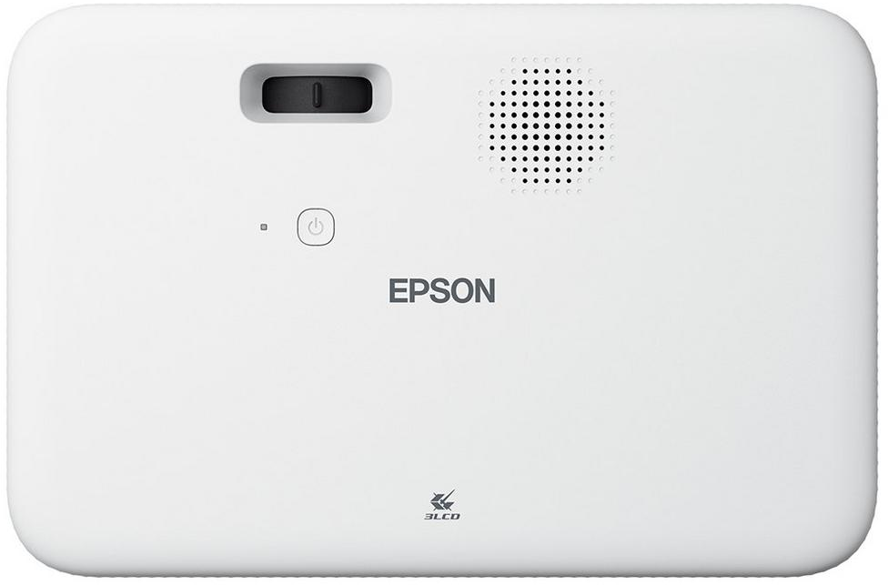 Proiettore Epson bianco, vista dall'alto. Ha un pulsante di accensione, un altoparlante e un obiettivo.