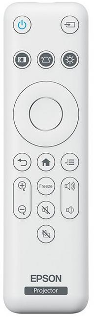 Telecomando bianco con pulsanti. Include alimentazione, ingresso, menu e controlli volume. 'EPSON Projector' in basso.