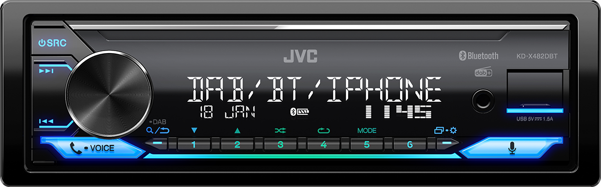 Autoradio avec un écran affichant DAB, BT et iPhone. Il possède un bouton rotatif et des boutons bleus.