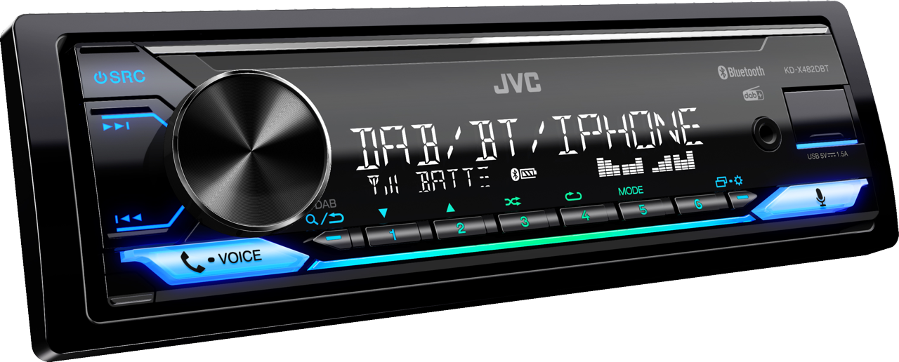 Autoradio avec écran affichant 'DAB/BT/IPHONE', avec boutons et un bouton de volume.