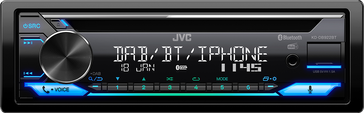 Autoradio avec un affichage numérique montrant du texte et des icônes, avec des boutons et un bouton central.