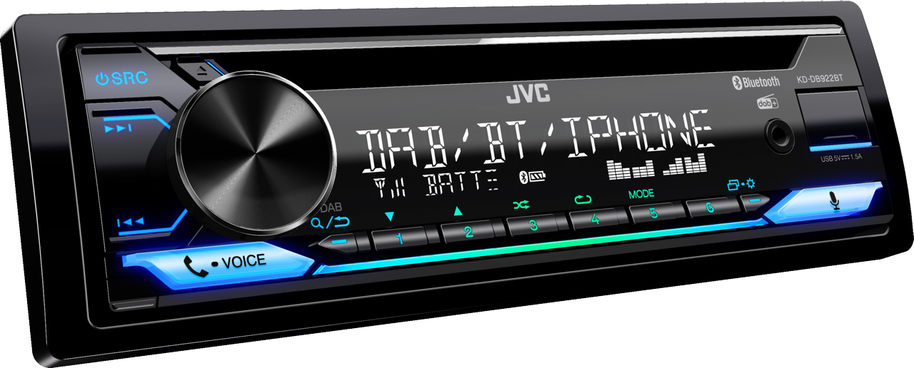 Autoradio avec façade noire. Il affiche DAB/BT/IPHONE, avec un éclairage bleu et blanc.