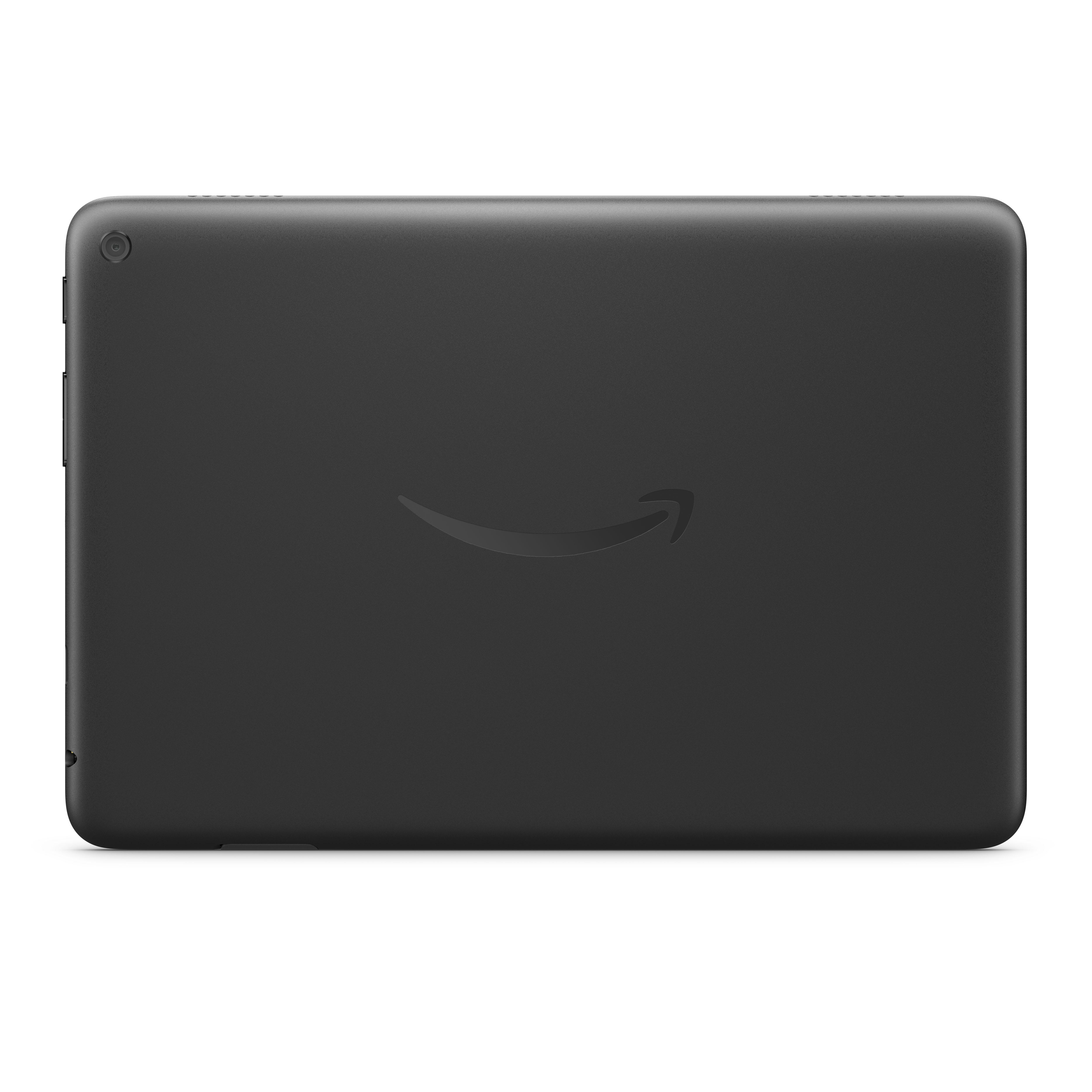 Schwarze Tabletrückseite mit Amazon-Logo. Die Rückseite ist schlicht schwarz.