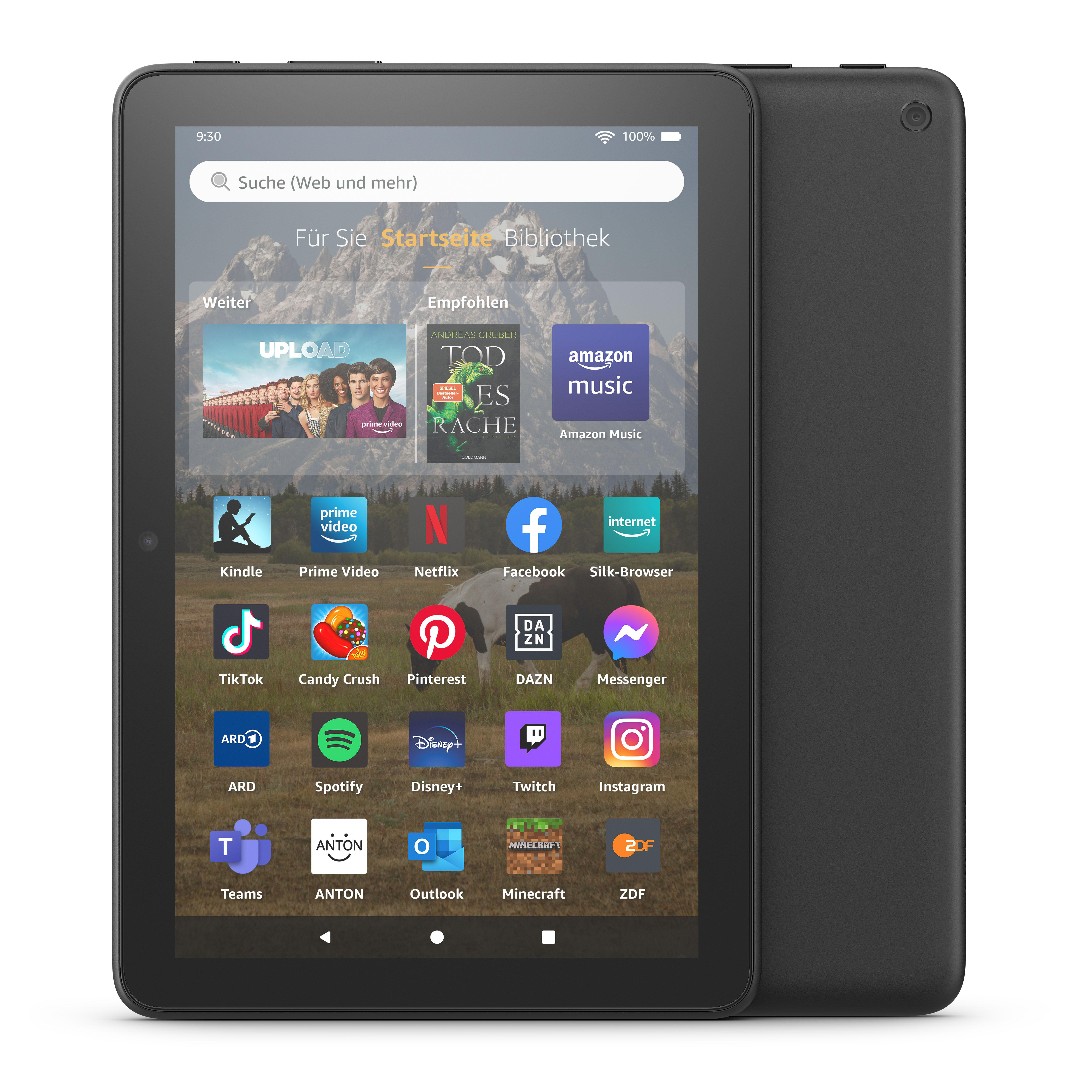 Schwarzes Tablet rechts. Ein Bildschirm zeigt App-Symbole.