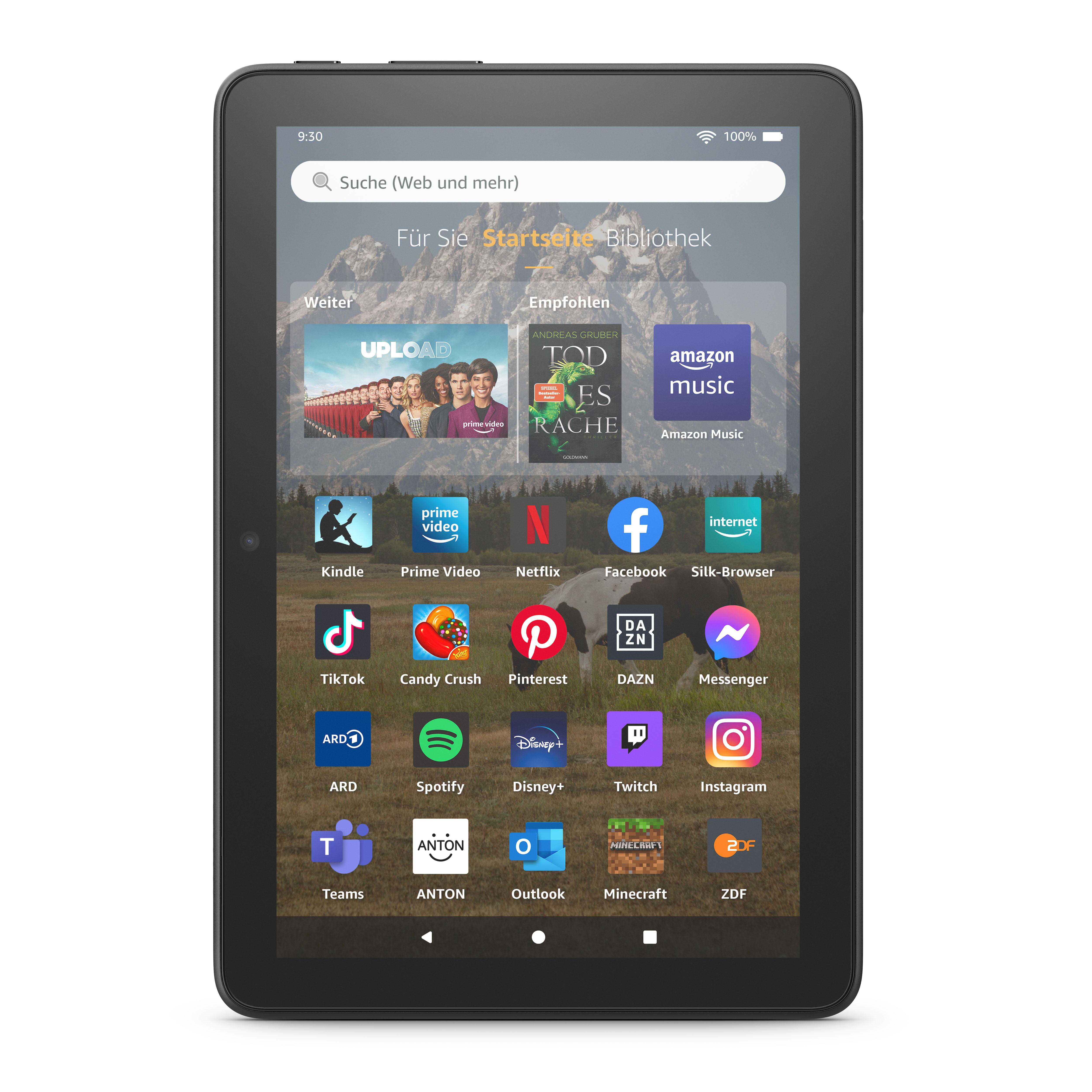 Tablettbildschirm mit App-Symbolen, darunter Amazon Music, Netflix und andere Anwendungen.