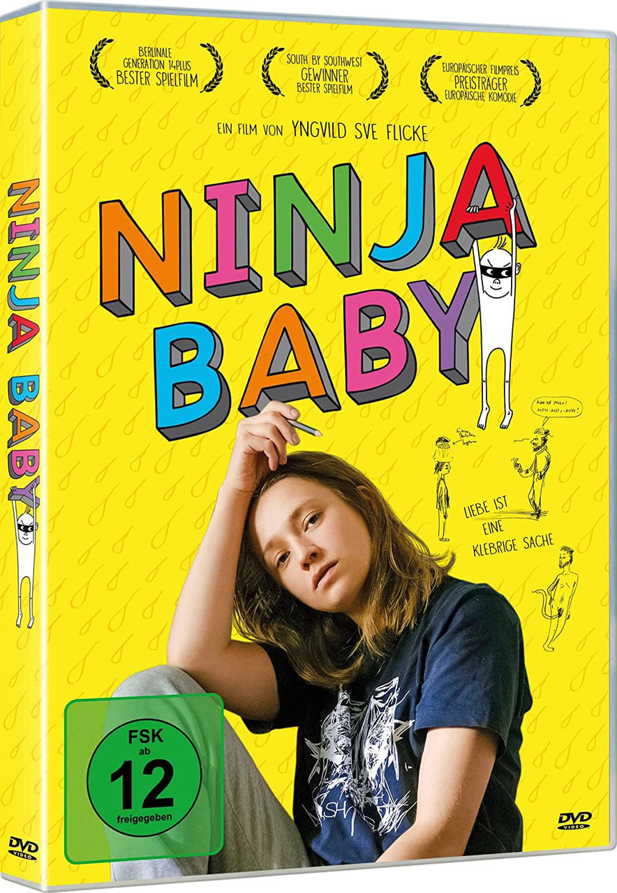 DVD-Hülle mit Filmtitel „NINJA BABY“, eine Frau, eine Zeichentrickfigur, gelber Hintergrund.
