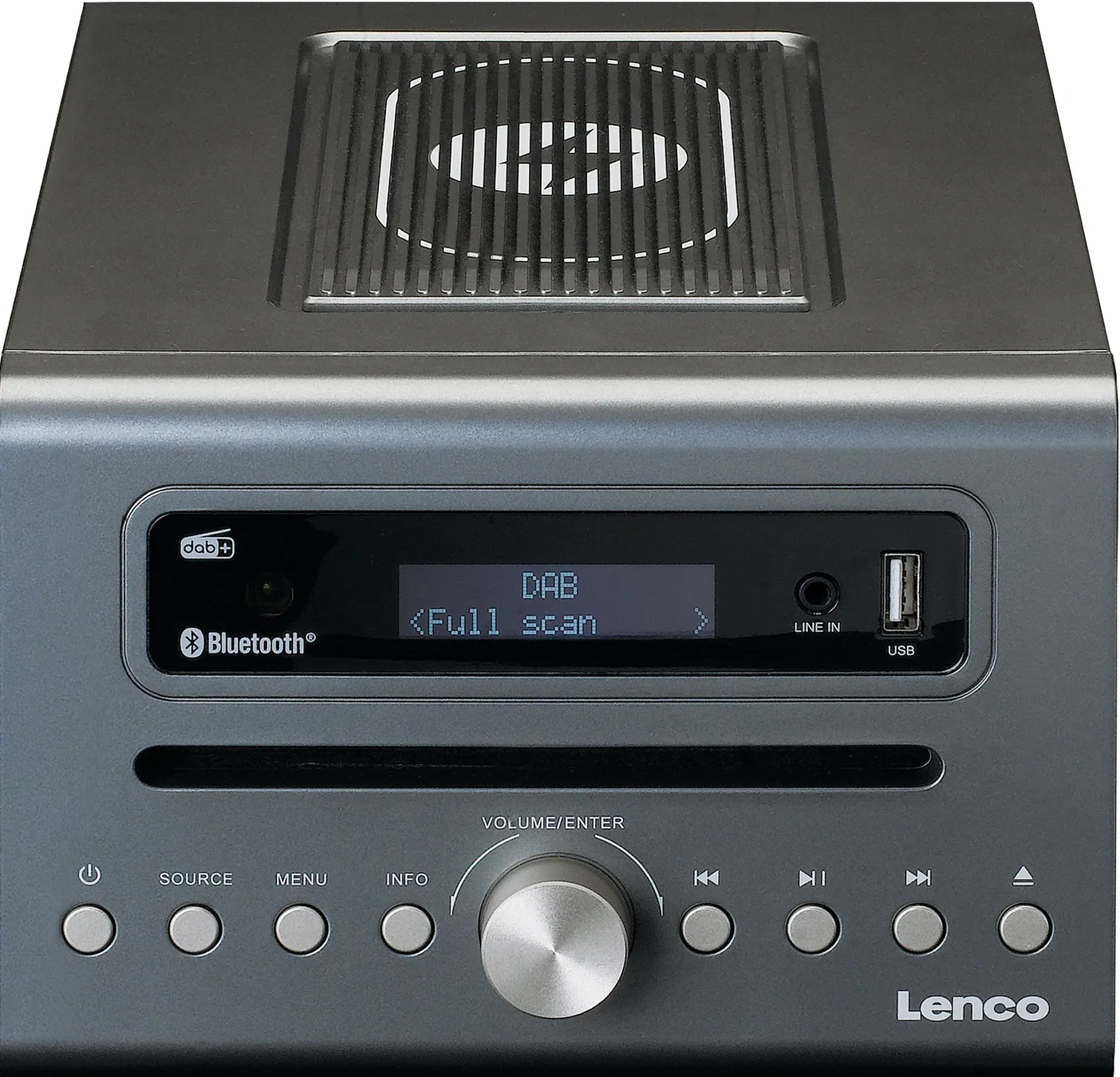 Ein schwarz-graues Lenco-Radio mit einem Display, das 'Full scan' und 'DAB' anzeigt.