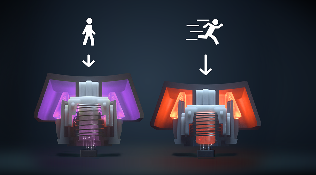 Diagram met vergelijking van twee keyboardschakelaars. Eén toont een persoon, de ander een rennende persoon, met verschillende kleuren.