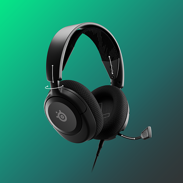 Casque de jeu noir avec microphone, avec des flèches indiquant les points d'ajustement.
