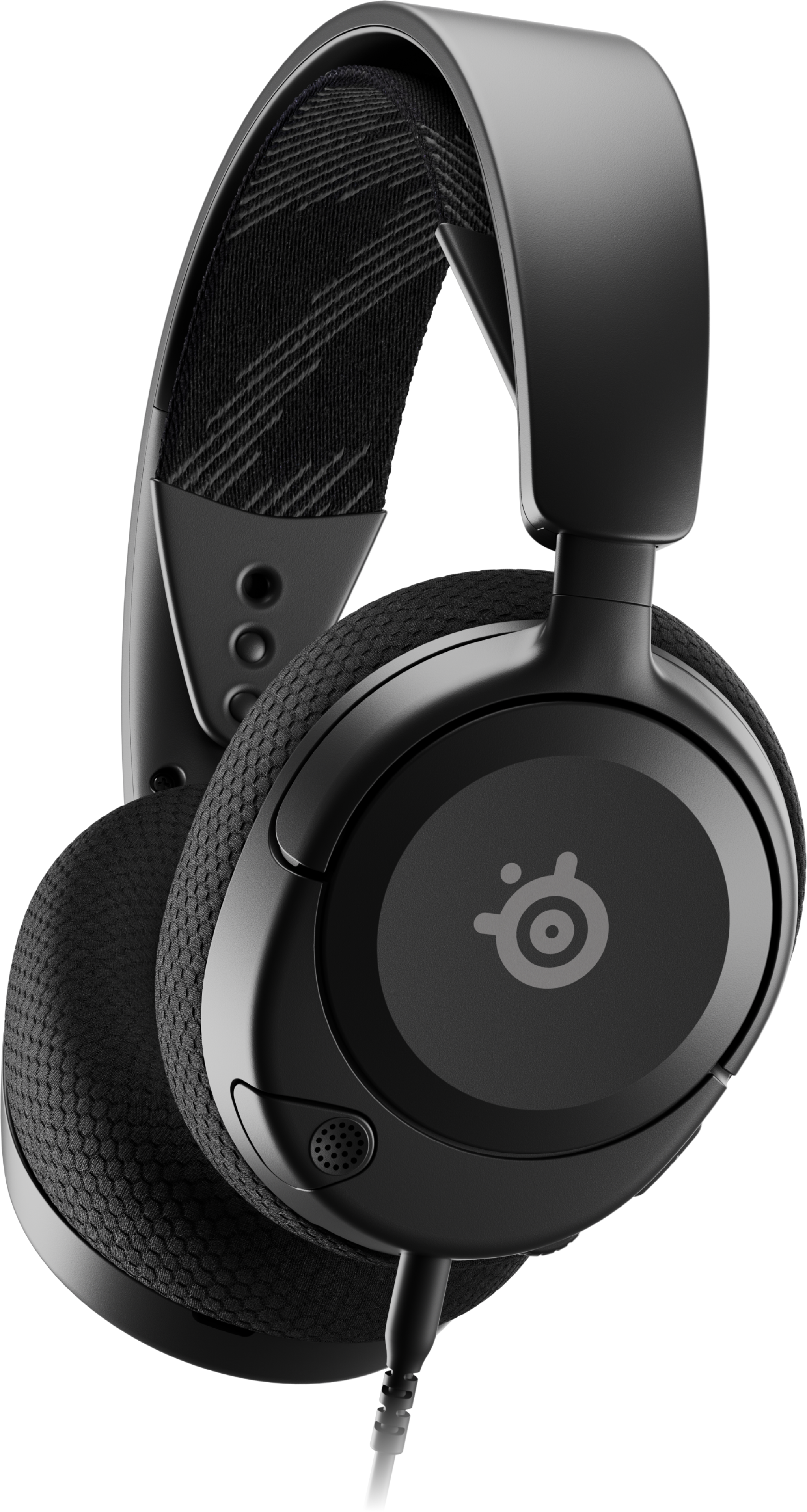 Casque de jeu noir. Les écouteurs sont ronds. Le bandeau est rembourré.