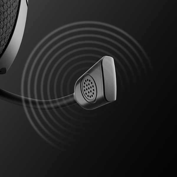 Gros plan d'un microphone noir sur un casque. Des ondes sonores sont représentées autour.