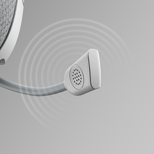Gros plan d'un microphone de casque blanc.