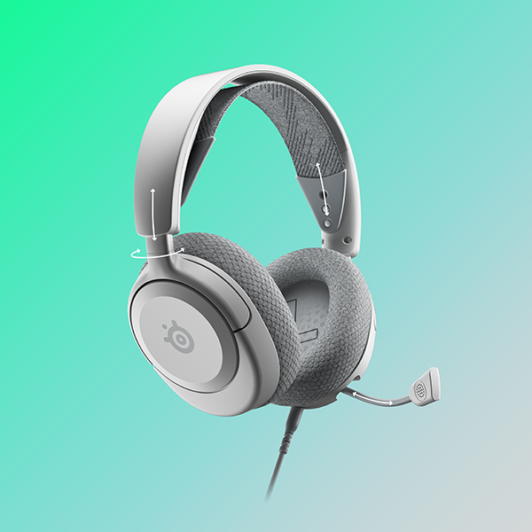 Casque gaming blanc et gris avec un microphone.