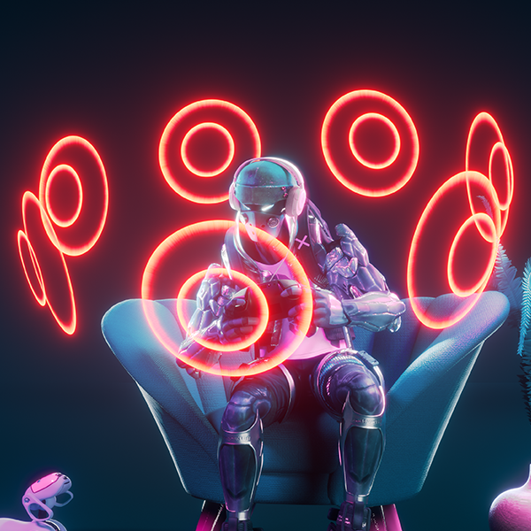 Robot dans un fauteuil avec des anneaux néon, fond sombre, concept futuriste.