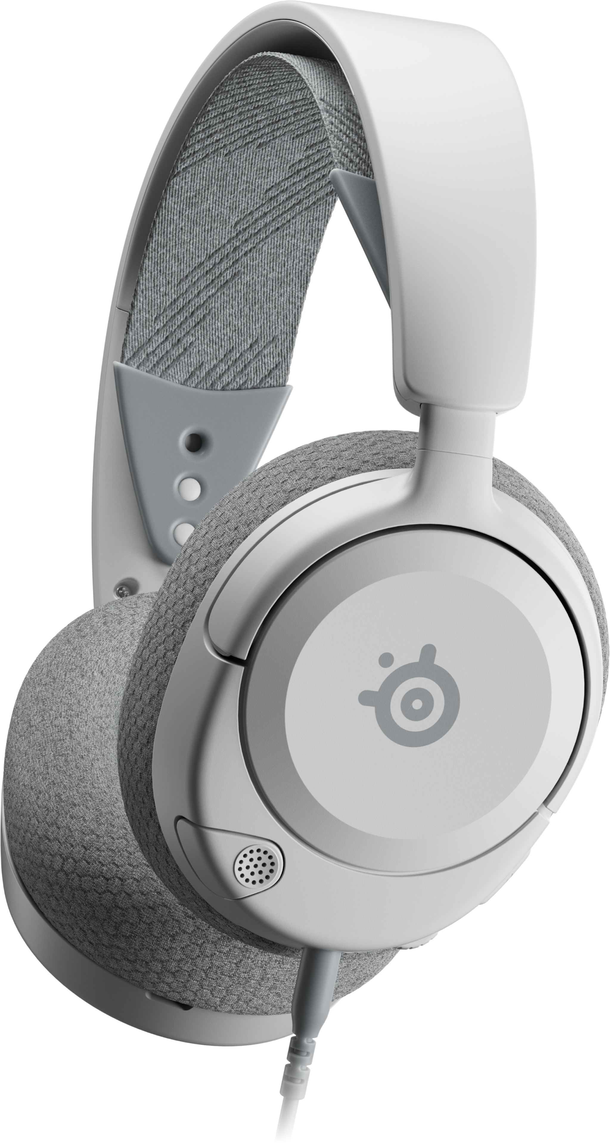 Casque blanc et gris. Le logo de la marque est visible sur l'écouteur. Bandeau en tissu gris.