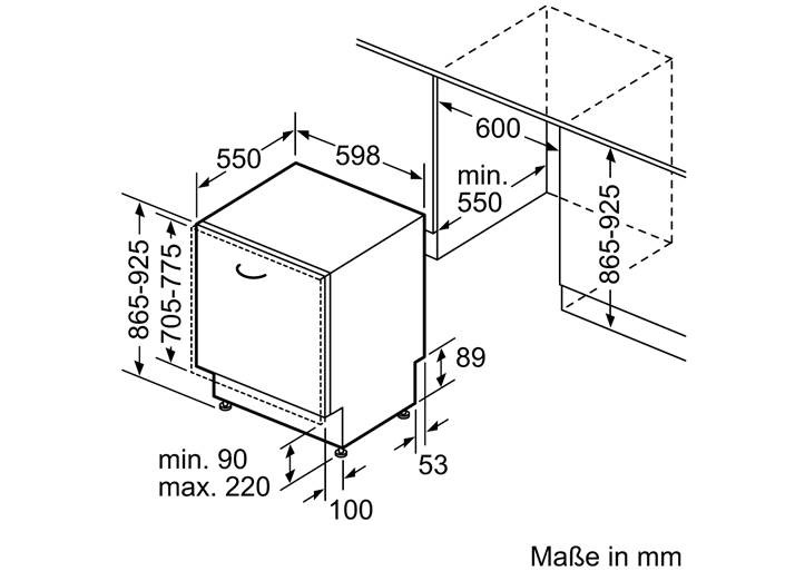 Diagramm eines Geschirrspülers mit Abmessungen und Maßen in Millimetern.