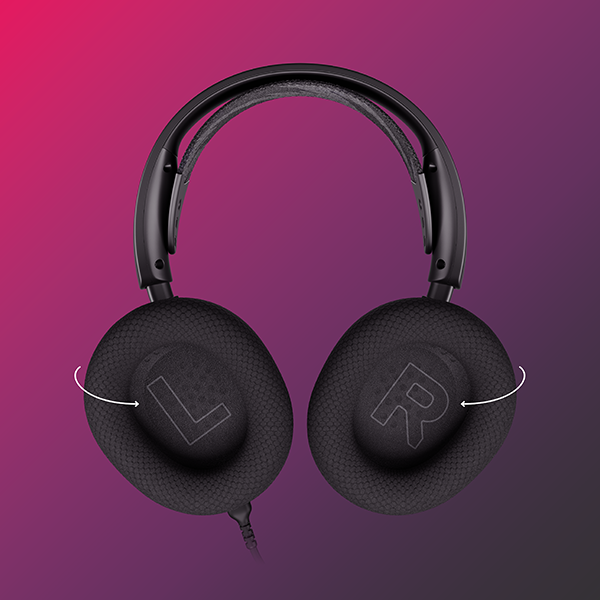 Casque noir, côté gauche 'L', droit 'R', sur fond dégradé.