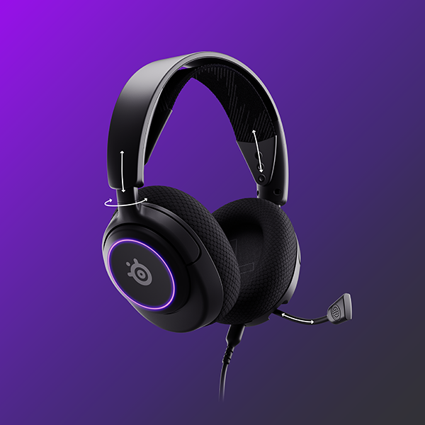 Casque de jeu noir avec micro, isolé sur fond violet, montrant les ajustements.