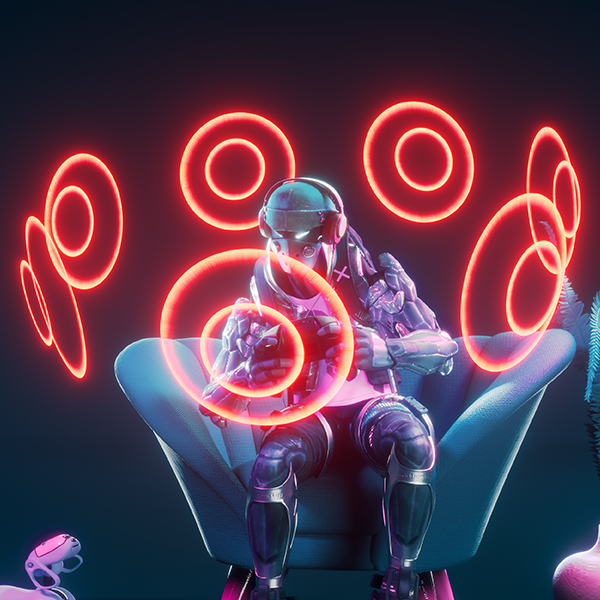 Un robot futuriste assis sur une chaise avec des anneaux de néon autour de lui.