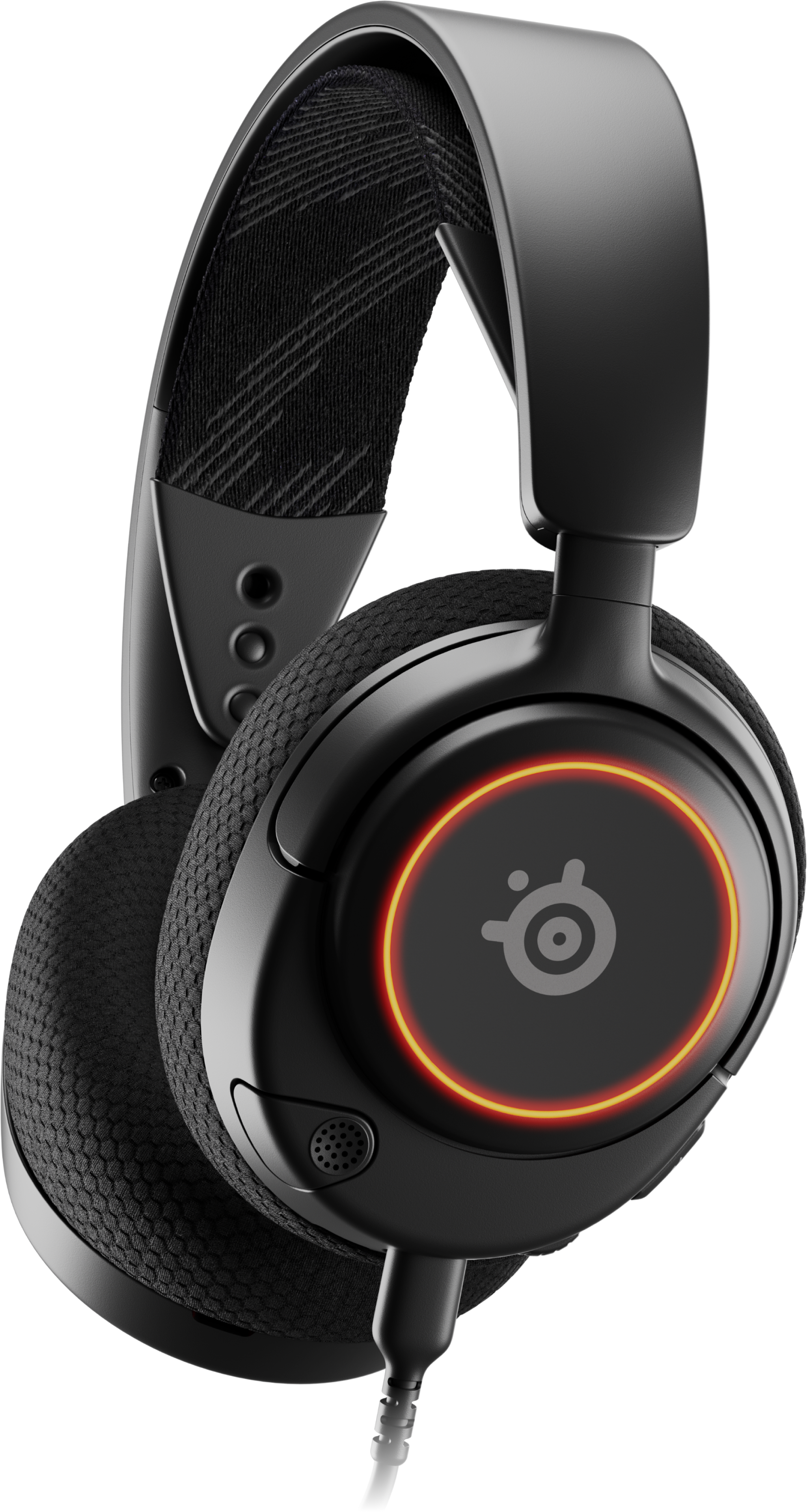 Casque de jeu noir avec un logo et une lumière rouge autour de l'écouteur.