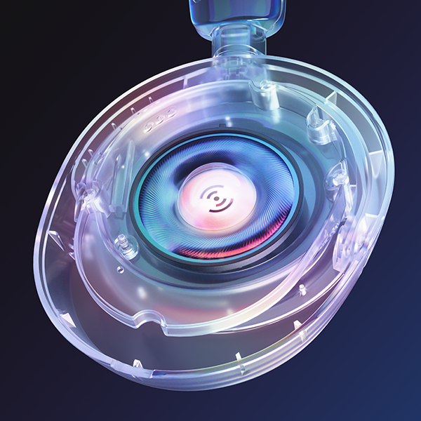 Haut-parleur de casque transparent avec des couleurs bleues et violettes, fond sombre.
