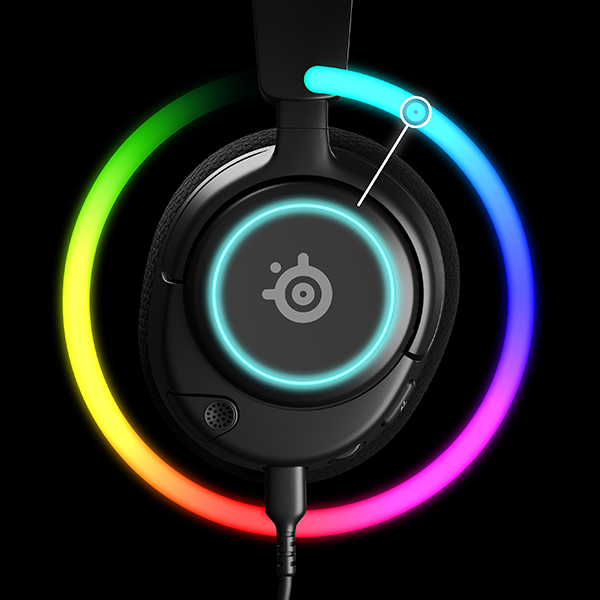 Casque noir avec un anneau lumineux coloré et logo.