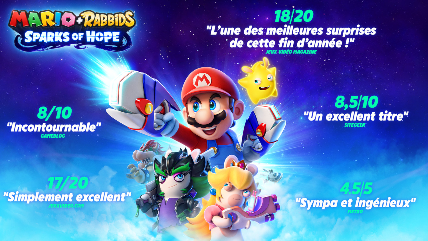 Mario and Rabbids game cover with scores, colorful characters, and text. The game has a comic style.