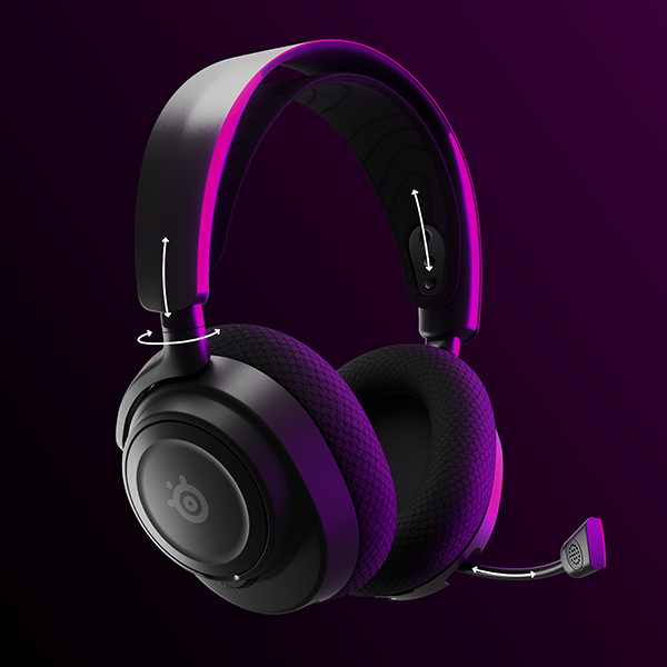 Casque de jeu noir et violet avec des fonctionnalités réglables et un microphone.
