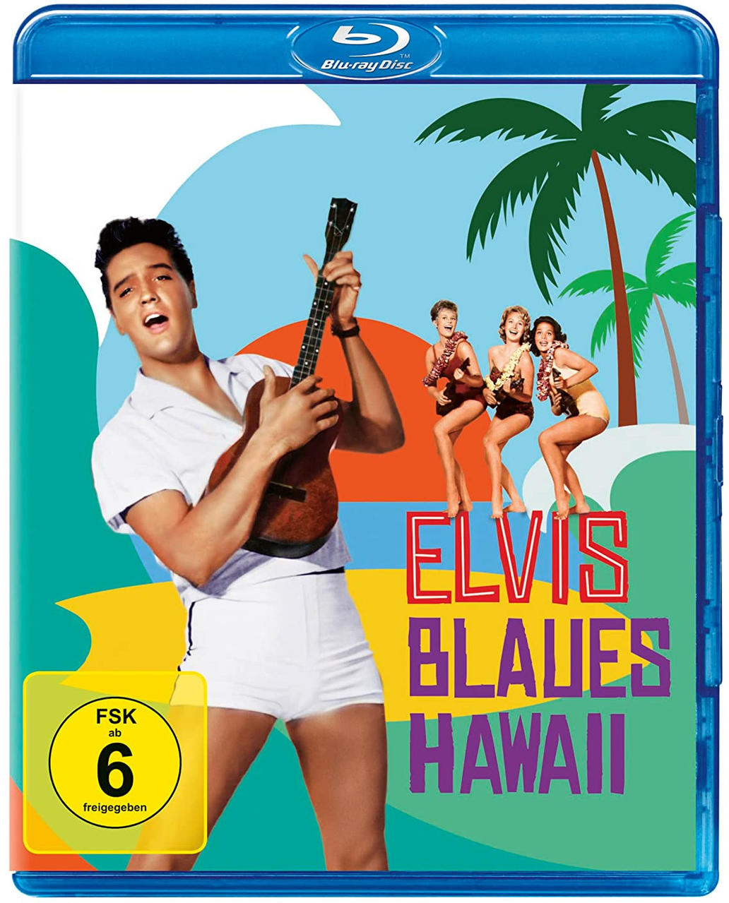 Elvis Presley mit Ukulele auf Blu-ray-Cover, mit Frauen und Palmen.