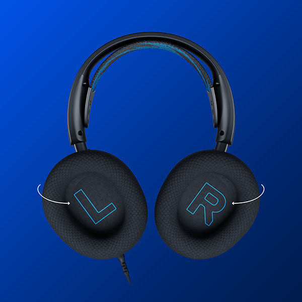 Casque noir avec étiquettes L et R, fond bleu.