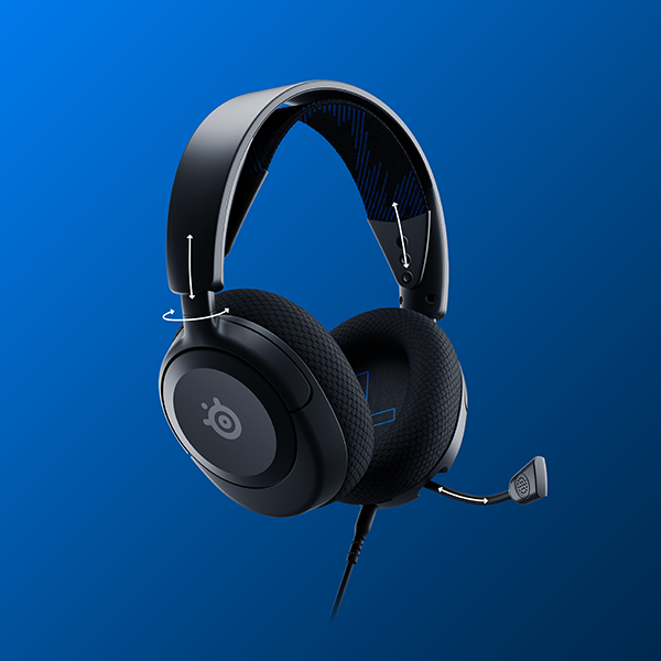 Casque de jeu noir avec microphone sur fond bleu.