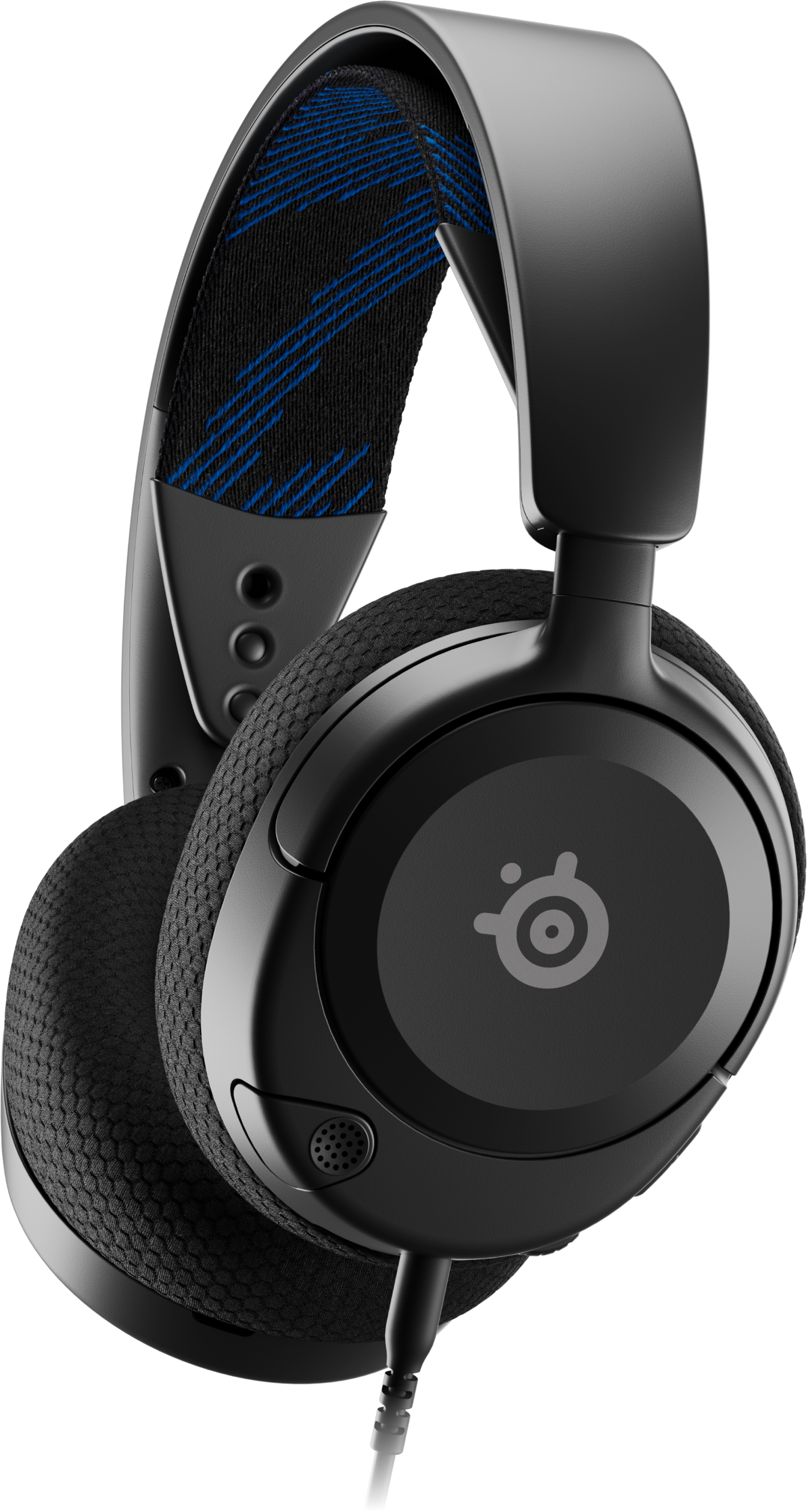 Casque noir avec câble noir. Le logo est sur l'écouteur. Le bandeau a des accents bleus.