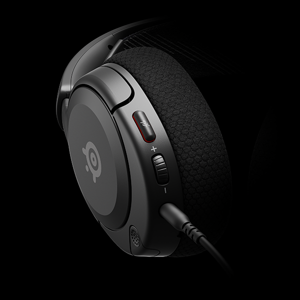 Casque noir avec contrôle du volume et port microphone.