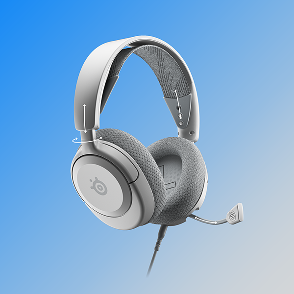 Casque blanc avec oreillettes grises, micro et bandeau gris sur fond bleu dégradé.