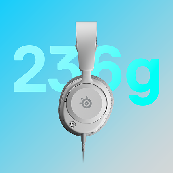 Casque blanc avec fond bleu clair. Le texte '236g' est écrit en vert en grand derrière le casque.
