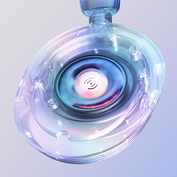 Gros plan d'un haut-parleur de casque transparent avec un haut-parleur central bleu et rose.