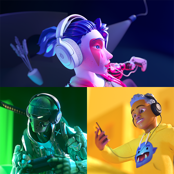 Trois personnages de dessins animés portant un casque, sur des fonds colorés.