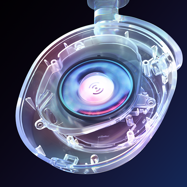 Casque transparent montrant les composants internes. Haut-parleur bleu et câblage visibles.